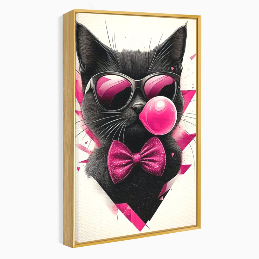 Tablou canvas cu ilustratie digitala cu pisica neagra, in rama de aluminiu auriu